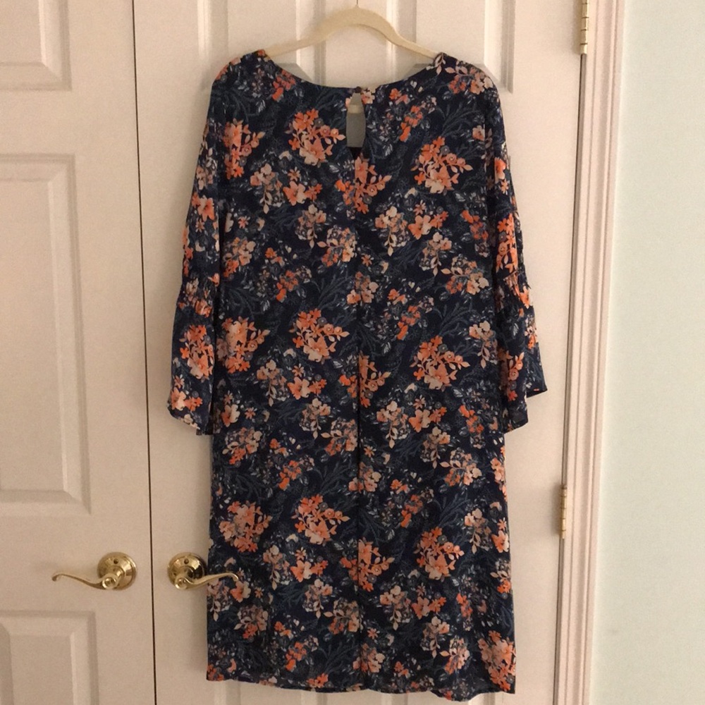Luxology Spring Navy Blue Dress w/ Coral Pink Flowers Bell Sleeves Plus … - Picture 5 of 16